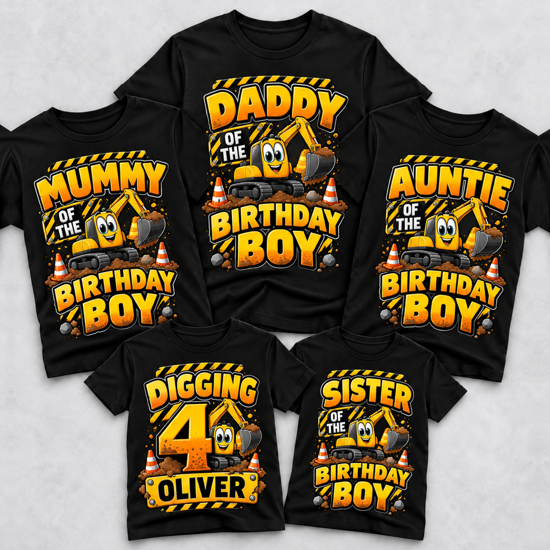 Personalised Construction Birthday Family Matching T-Shirts