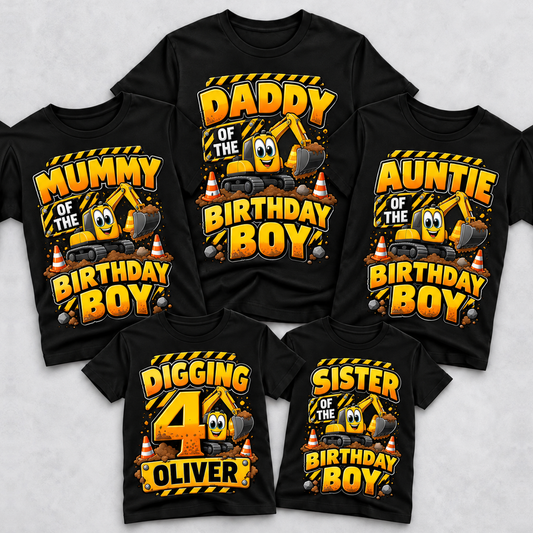 Personalised Construction Birthday Family Matching T-Shirts