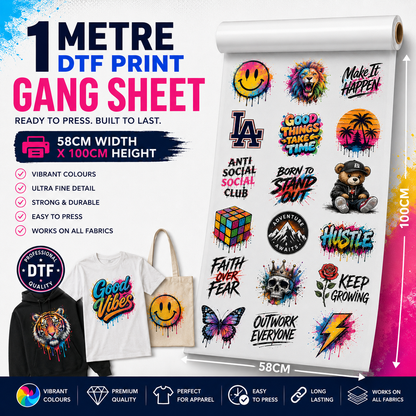 Gang sheet with colorful designs and text, featuring a roll of DTF print material.
