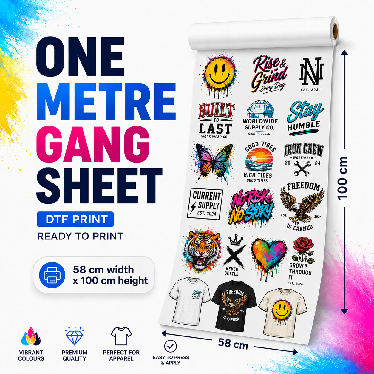 One metre DTF gang sheet, 100cm x 58cm, printed with multiple ready-to-press designs including logos, graphics and text on a roll