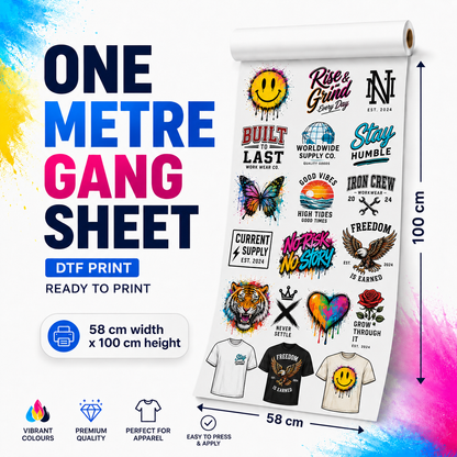 1 Metre DTF Gang Sheet 58 x 100 cm custom print by DTF Market