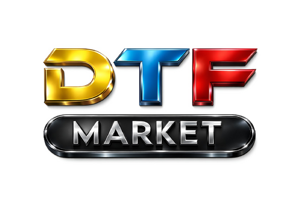 Logo with 'DTF Market' text in metallic colors on a white background