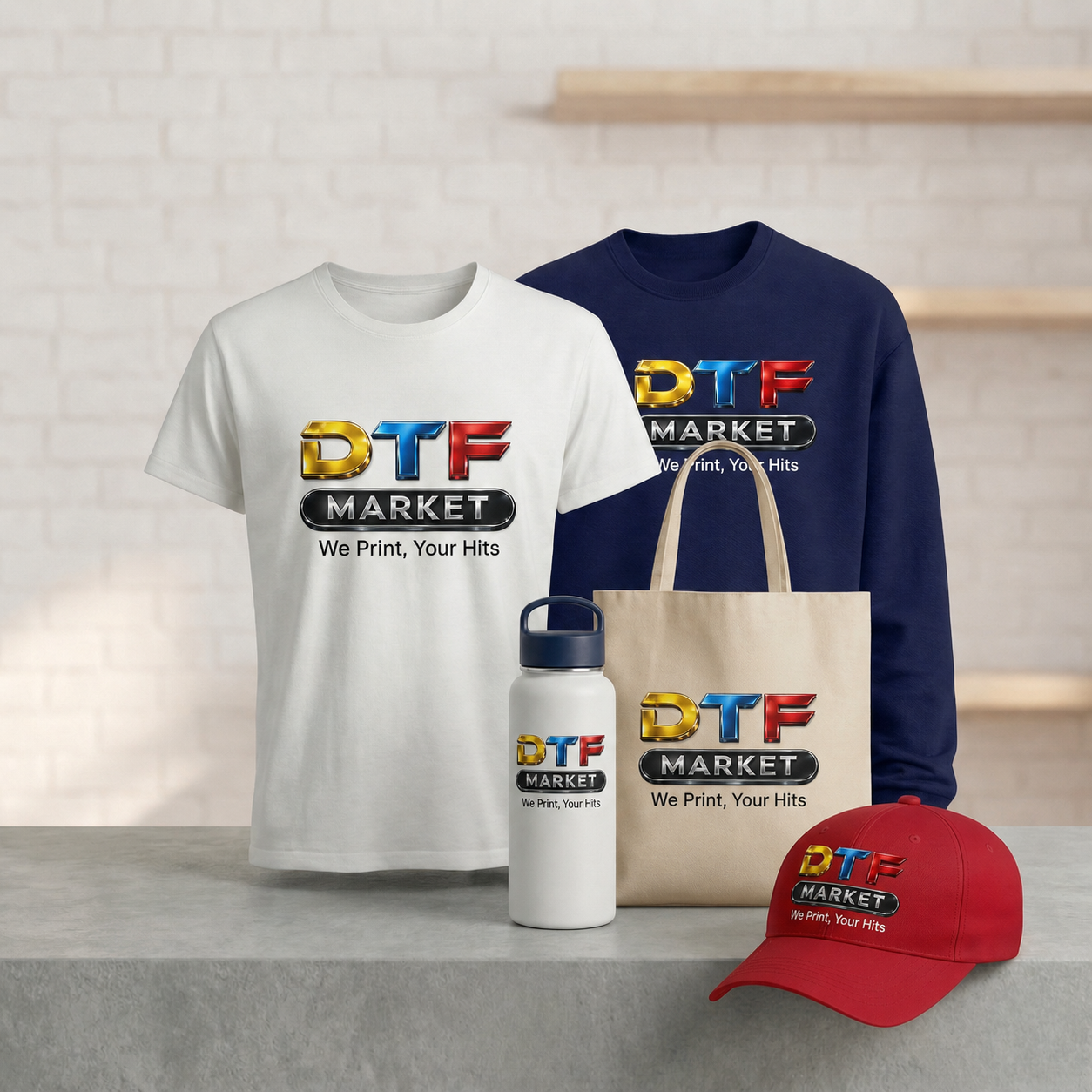 DTF Market custom printed merchandise including t-shirt, hoodie, tote bag, cap and bottle