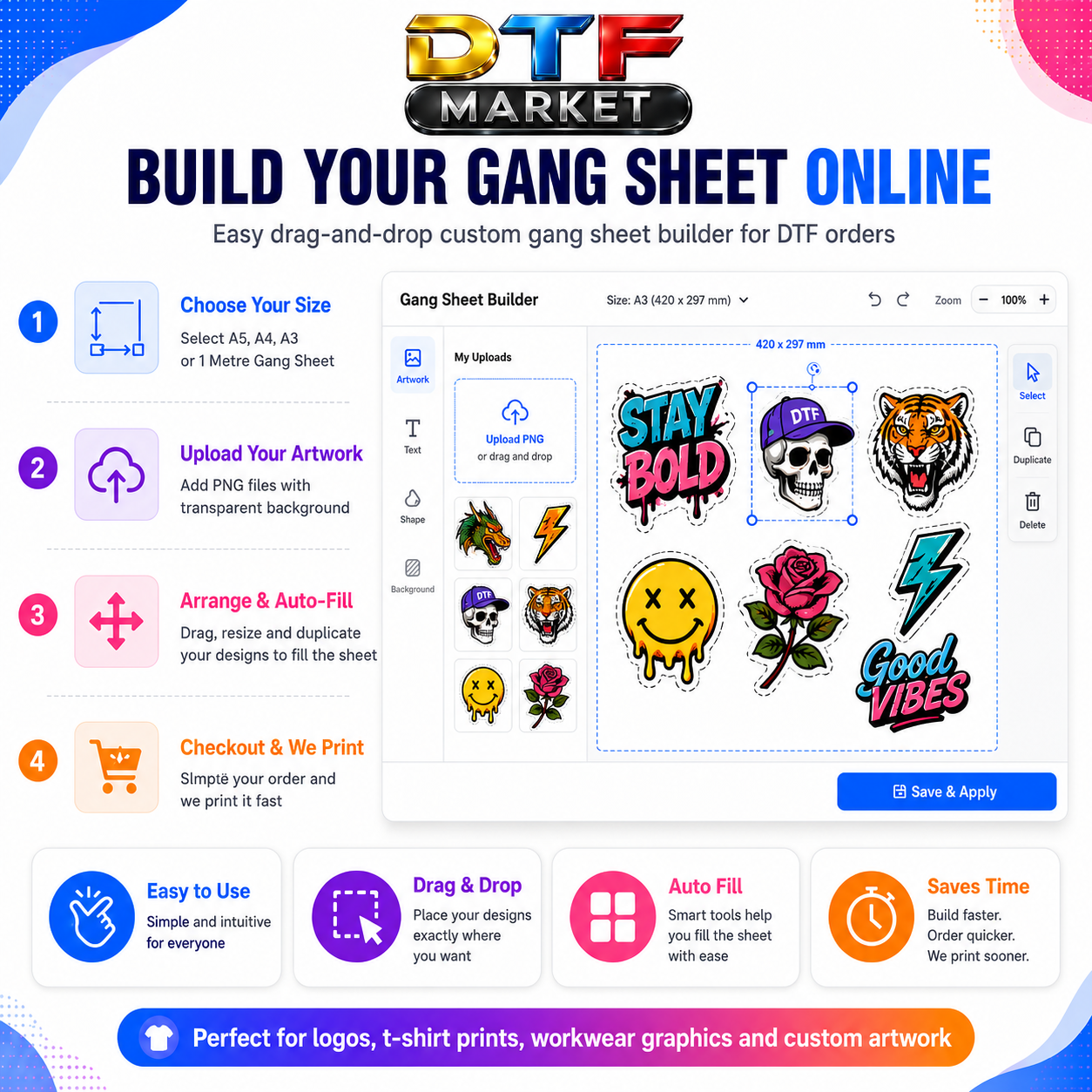 DTF Market gang sheet builder tool with various design options on a colorful background