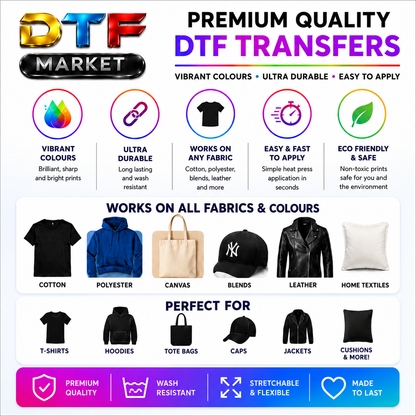 Advertisement for DTF Market's premium quality digital transfer materials with product features and examples on fabric items.